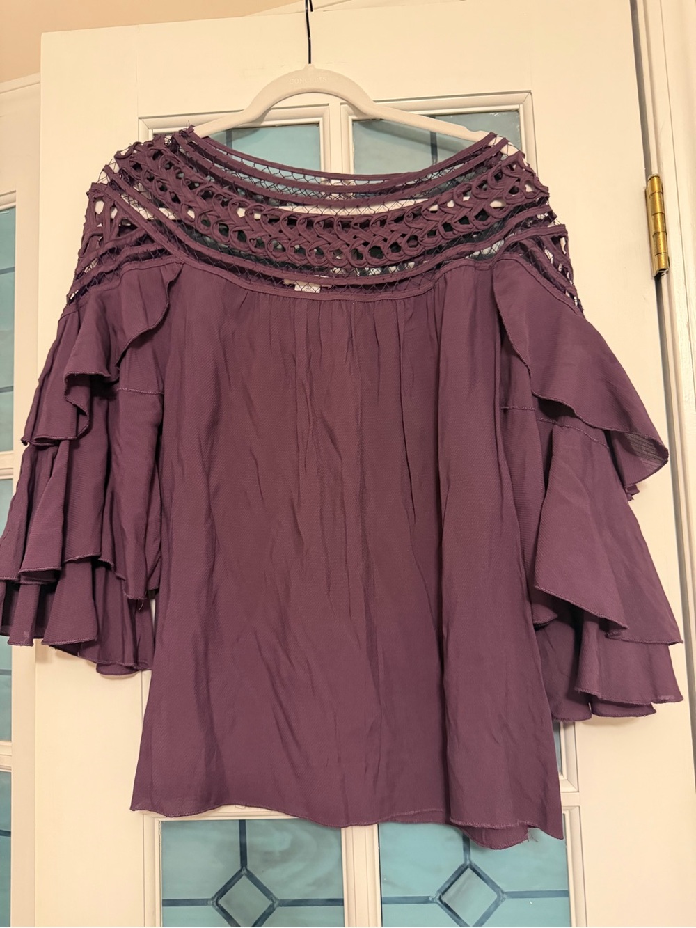 Esley Mauve Crochet Yoke Ruffle Sleeve Blouse - Picture 1 of 6